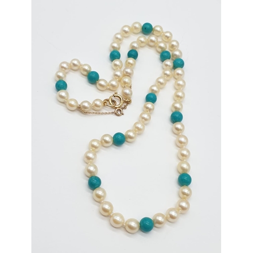 701 - Cultured Pearl and Turquoise NECKLACE with 9ct Gold Clasp.  23g   44cm