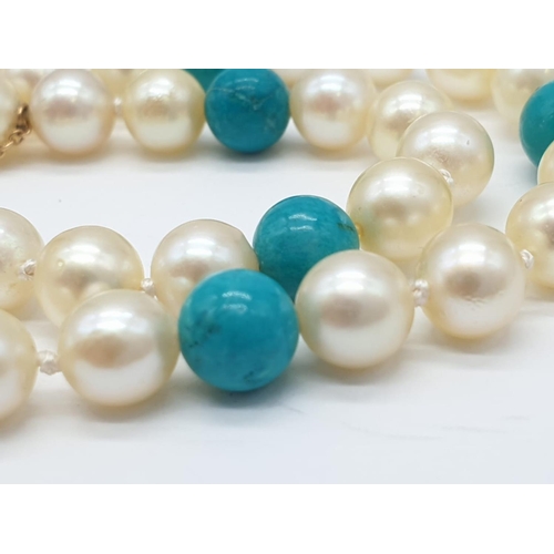 701 - Cultured Pearl and Turquoise NECKLACE with 9ct Gold Clasp.  23g   44cm