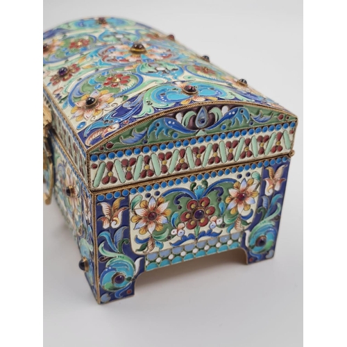 276 - An Antique Russian Silver-Gilt and Enamel Trinket Box. Of Rectangular form with hinged lid and hinge... 