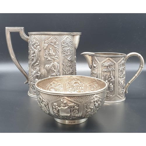 269 - A WANG HING ANTIQUE SET OF 3 HAND ENGRAVED ITEMS TO INCLUDE 2 JUGS AND A BOWL WITH TRADITIONAL CHINE... 