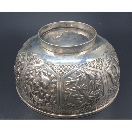 269 - A WANG HING ANTIQUE SET OF 3 HAND ENGRAVED ITEMS TO INCLUDE 2 JUGS AND A BOWL WITH TRADITIONAL CHINE... 