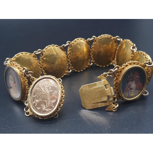 262 - AN INDIAN 19TH CENTURY 22CT GOLD PORTRAIT BRACELET. 43 1gms  and 19cms long.