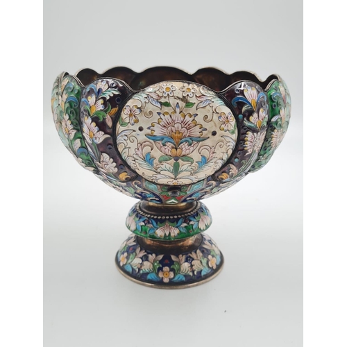 255 - An Antique Russian Silver-Gilt Enamel Bowl. Intricate floral works throughout with twin Swan motifs ... 