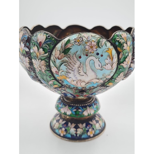 255 - An Antique Russian Silver-Gilt Enamel Bowl. Intricate floral works throughout with twin Swan motifs ... 