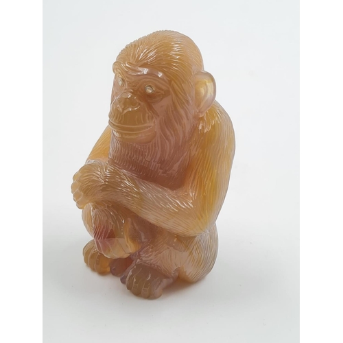 239 - A LATE 19TH CENTURY RUSSIAN MONKEY FIGURE IN AGATE WITH DIAMOND EYES SET IN 14CT GOLD, 6 CMS TALL AN... 