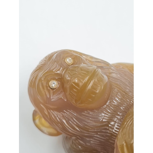 239 - A LATE 19TH CENTURY RUSSIAN MONKEY FIGURE IN AGATE WITH DIAMOND EYES SET IN 14CT GOLD, 6 CMS TALL AN... 