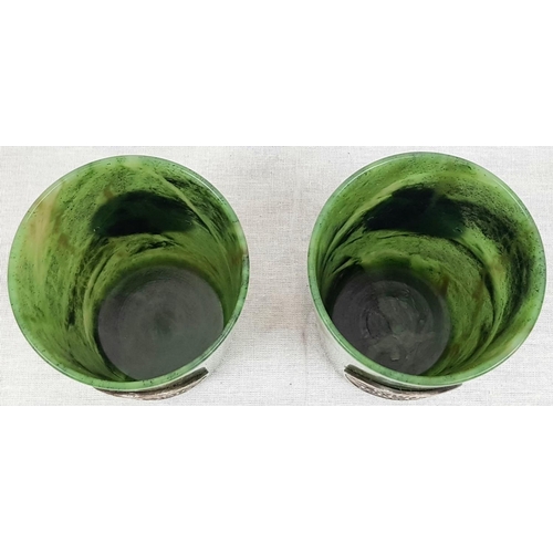 185 - Pair of Early 20th C Russian Imperial Silver Jade Cups.
Carved from green jade with a silver double ... 