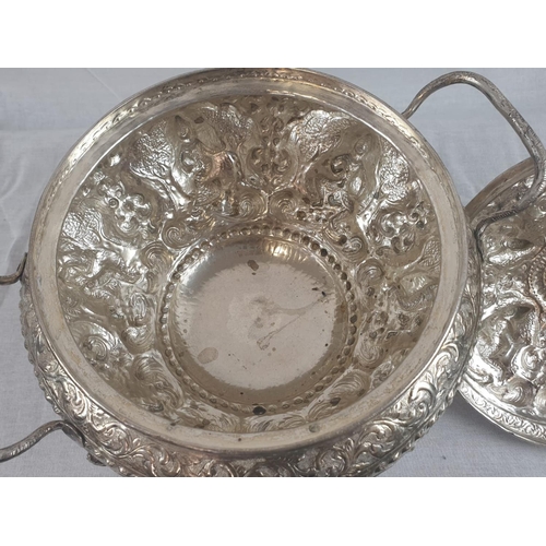 138 - AN 11 PIECE ANTIQUE BURMESE SILVER PUNCH BOWL BEAUTIFULLY ENGRAVED WITH ORIENTAL GODS AND TOPPED WIT... 