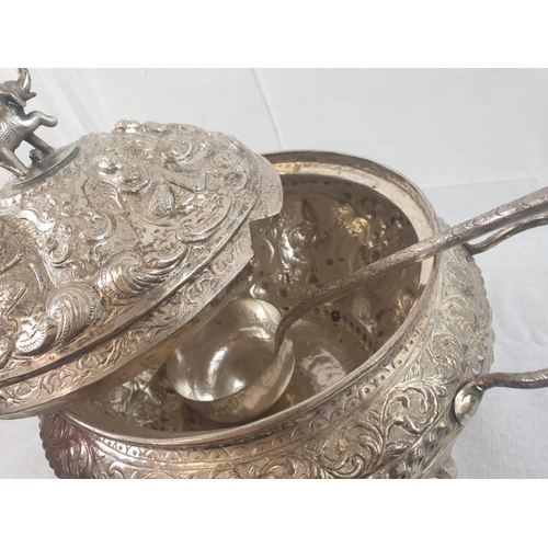 138 - AN 11 PIECE ANTIQUE BURMESE SILVER PUNCH BOWL BEAUTIFULLY ENGRAVED WITH ORIENTAL GODS AND TOPPED WIT... 