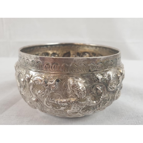 138 - AN 11 PIECE ANTIQUE BURMESE SILVER PUNCH BOWL BEAUTIFULLY ENGRAVED WITH ORIENTAL GODS AND TOPPED WIT... 