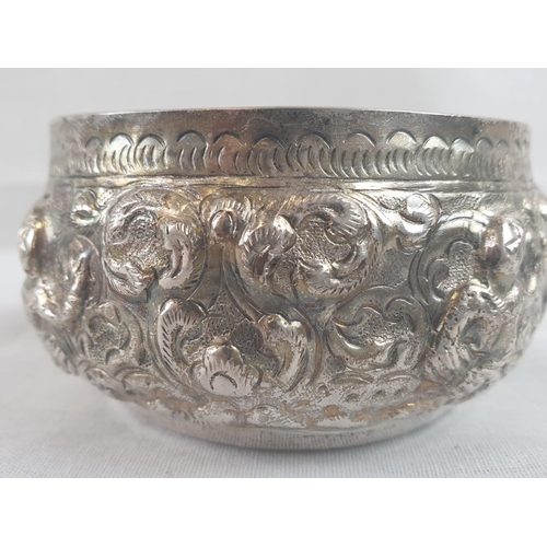 138 - AN 11 PIECE ANTIQUE BURMESE SILVER PUNCH BOWL BEAUTIFULLY ENGRAVED WITH ORIENTAL GODS AND TOPPED WIT... 