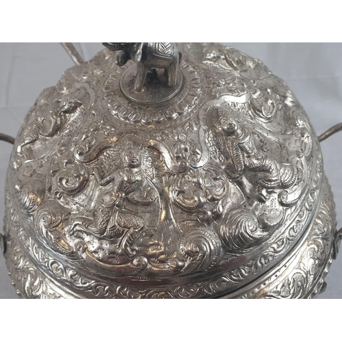 138 - AN 11 PIECE ANTIQUE BURMESE SILVER PUNCH BOWL BEAUTIFULLY ENGRAVED WITH ORIENTAL GODS AND TOPPED WIT... 