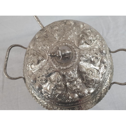 138 - AN 11 PIECE ANTIQUE BURMESE SILVER PUNCH BOWL BEAUTIFULLY ENGRAVED WITH ORIENTAL GODS AND TOPPED WIT... 