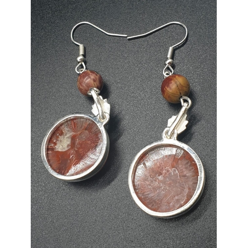 764 - A rare silver and jasper necklace and earrings set with fossil red horn corals (300 million years ol... 