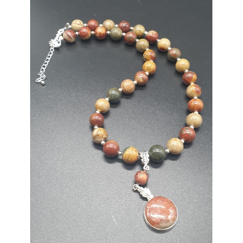 764 - A rare silver and jasper necklace and earrings set with fossil red horn corals (300 million years ol... 