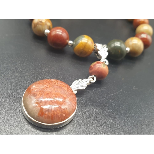 764 - A rare silver and jasper necklace and earrings set with fossil red horn corals (300 million years ol... 