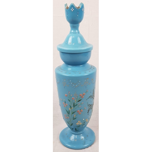 766 - A 19th Century Czech Bohemian Turquoise Hand-Painted Vase. Crown Lid, elegant floral design. 50cm ta... 