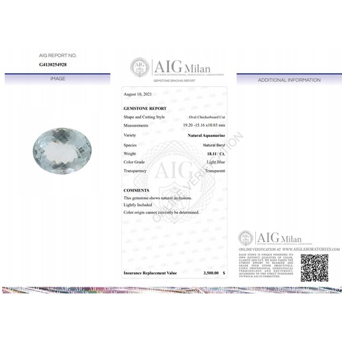 119 - A Natural Light Blue Aquamarine with Oval Checkerboard Cut. Total: 18.11ct
19.20 x 15.16 x 10.85mm. ... 