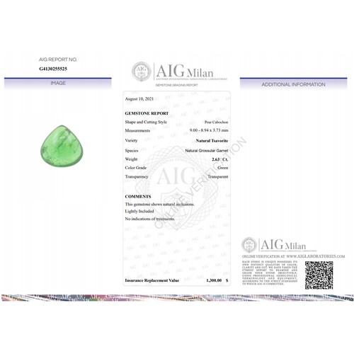 126 - A Natural Green Tsavorite in Pear Cabochon Shape. Total 2.63ct
9.00 x 8.94 x 3.73mm. Come with AIG c... 