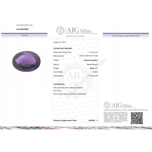 133 - A Natural Purple Amethyst in Oval Faceted. Total 69.69ct
28.80 x 22.00 x 16.75mm. Come with AIG Cert... 