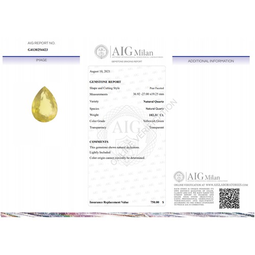 139 - A 102.31ct Yellow Natural Quartz with Pear Faceted (Yellowish Green) 36.92 x 27.00 x 19.25mm. Come w... 