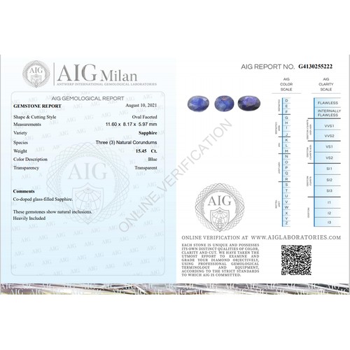 234 - 3 Natural Blue Sapphires with Oval Faceted, 15.45ct
11.60 x 8.17 x 5.97mm. Come with AIG certificate