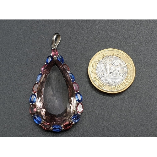 160 - A large 925 SILVER PENDANT SET, WITH ONE PEAR SHAPED NATURAL MORGANITE CENTRE AND EIGHTEEN OVAL CUT,... 