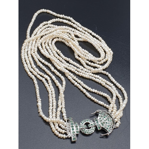 167 - An elegant 925 SILVER NECKLACE SET WITH EIGHTY ONE ROUND CUT NATURAL EMERALDS CLASP AND THREE STRAND... 