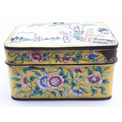 212 - AN 18TH CENTURY CHINESE ENAMELLED TIN TRINKET BOX . WITH AGE RELATED WEAR AND SOME ENAMELLING MISSIN... 