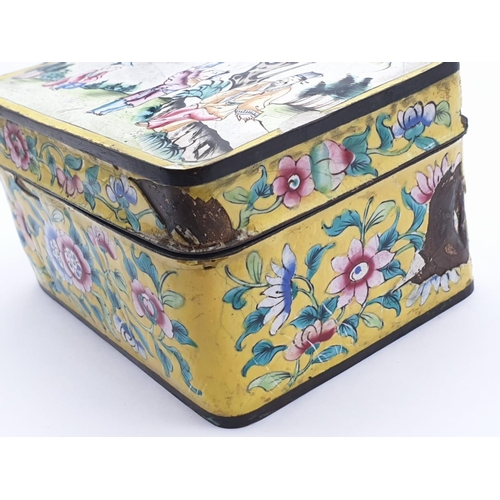 212 - AN 18TH CENTURY CHINESE ENAMELLED TIN TRINKET BOX . WITH AGE RELATED WEAR AND SOME ENAMELLING MISSIN... 