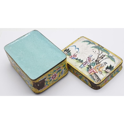 212 - AN 18TH CENTURY CHINESE ENAMELLED TIN TRINKET BOX . WITH AGE RELATED WEAR AND SOME ENAMELLING MISSIN... 