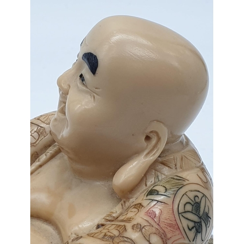 384 - Japanese Resting Buddha Statue. Alabaster stone(stone powder mixed with tree sap mix). Signed by the... 