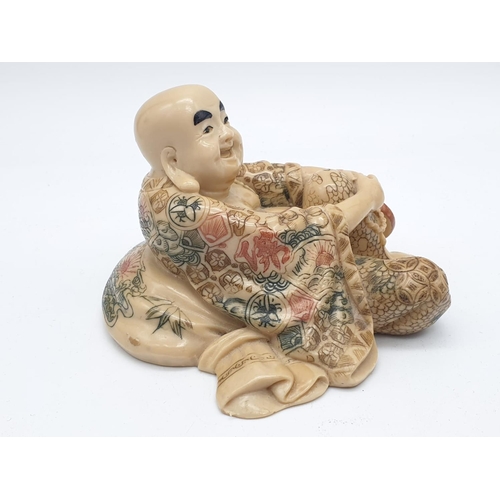 384 - Japanese Resting Buddha Statue. Alabaster stone(stone powder mixed with tree sap mix). Signed by the... 