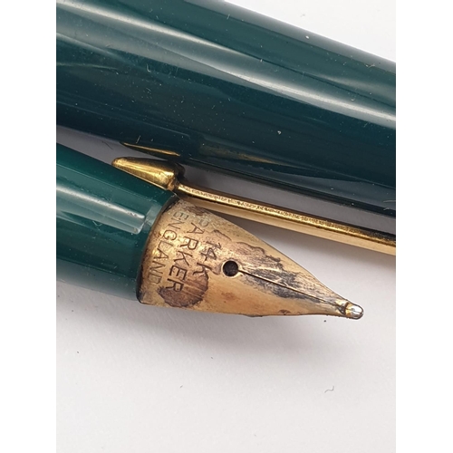 433 - Two Vintage Parker Pens. A Green Fountain Pen with 14K Gold Nib and a Gold Plated Ballpoint.