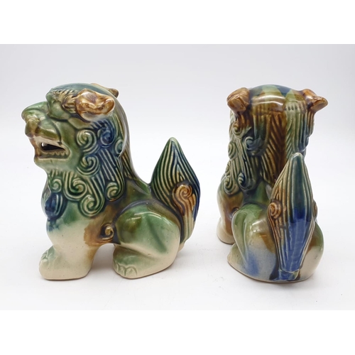 459 - Pair of Vintage Foo Dogs. Blue and Green Ceramic Guardian Lions. Good Condition. 14cm tall