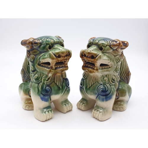 459 - Pair of Vintage Foo Dogs. Blue and Green Ceramic Guardian Lions. Good Condition. 14cm tall