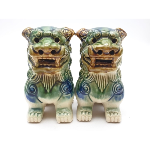 459 - Pair of Vintage Foo Dogs. Blue and Green Ceramic Guardian Lions. Good Condition. 14cm tall