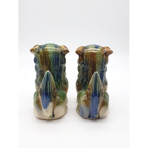 459 - Pair of Vintage Foo Dogs. Blue and Green Ceramic Guardian Lions. Good Condition. 14cm tall