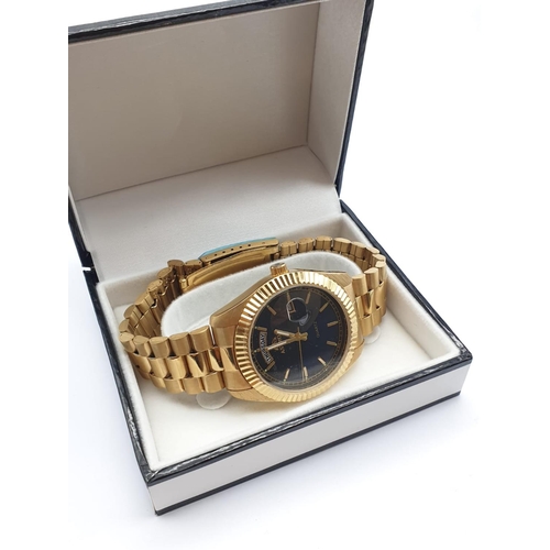 487 - Astron Gold Plated Watch. Blue Dial, Day and Date. As New, In Box. As Found - needs new battery.