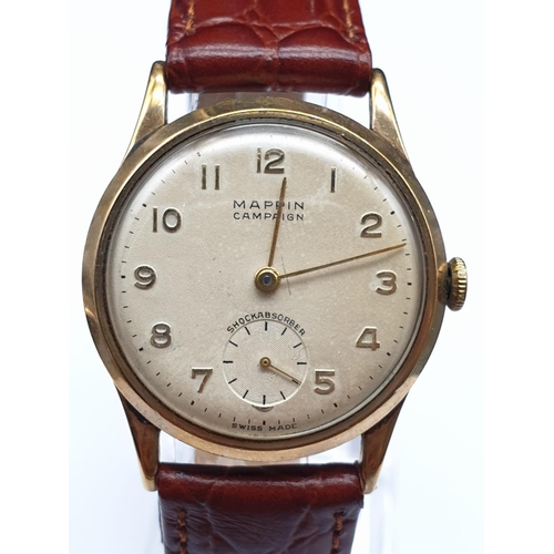 638 - 9k Yellow Gold Mappin (pre Mappin and Webb) Campaign Watch (1960). Leather strap, gold case. 
40mm l... 