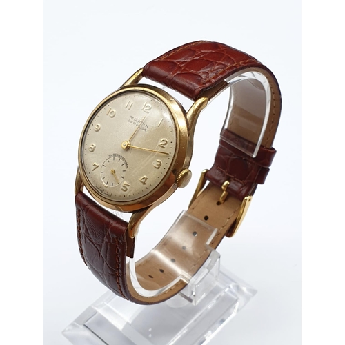 638 - 9k Yellow Gold Mappin (pre Mappin and Webb) Campaign Watch (1960). Leather strap, gold case. 
40mm l... 