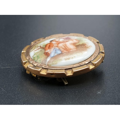 770 - 9k Yellow Gold Limoges Brooch. The Proposal.
25mm diameter. 3.73g total weight.