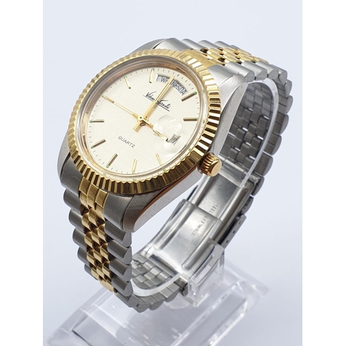 836 - Vitorio Sardi Two-Tone Bracelet Men's Watch. Gold Plate Bezel and Face. As new, in box, but needs ba... 