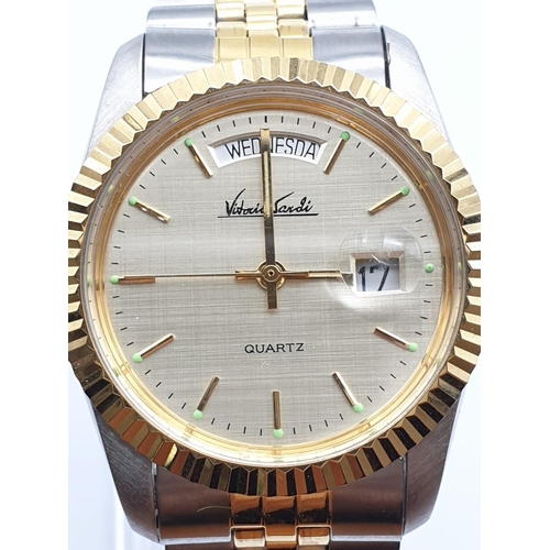 836 - Vitorio Sardi Two-Tone Bracelet Men's Watch. Gold Plate Bezel and Face. As new, in box, but needs ba... 