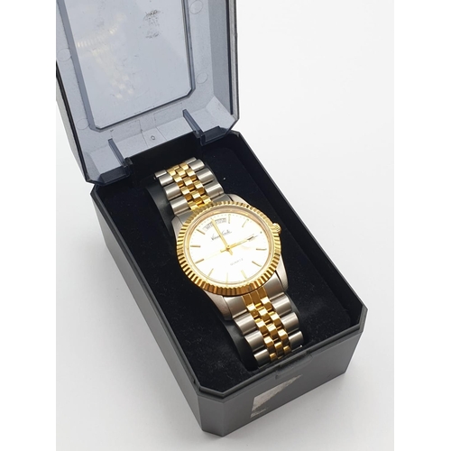 836 - Vitorio Sardi Two-Tone Bracelet Men's Watch. Gold Plate Bezel and Face. As new, in box, but needs ba... 