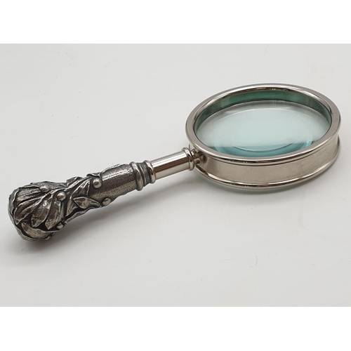 848 - Vintage E. Famin (signed) White Metal Magnifying Glass with Ornate Handle. 6cm diameter. 15cm total ... 