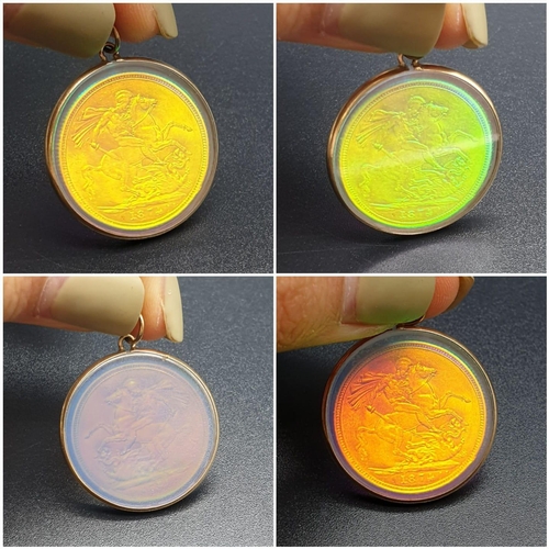 883 - 9k Yellow Gold Hologram Pendant. Shows an image of a Sovereign.