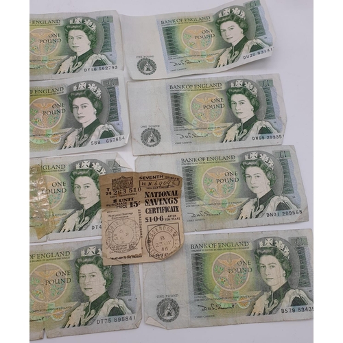 998 - 11 Old Bank of England One Pound Notes, Two Ten Shilling Notes and a 1946 National Savings Certifica... 