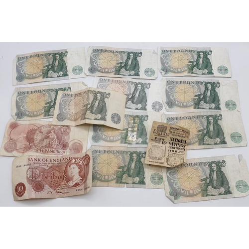 998 - 11 Old Bank of England One Pound Notes, Two Ten Shilling Notes and a 1946 National Savings Certifica... 