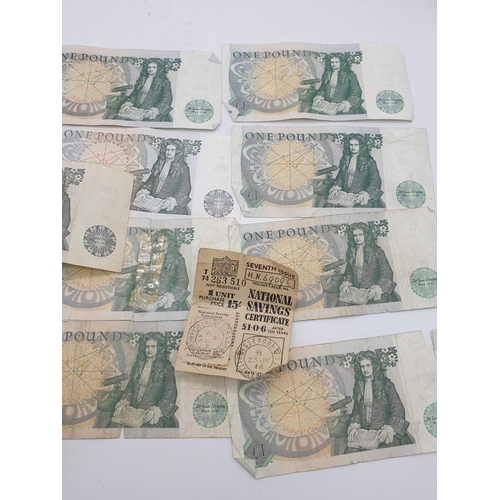 998 - 11 Old Bank of England One Pound Notes, Two Ten Shilling Notes and a 1946 National Savings Certifica... 